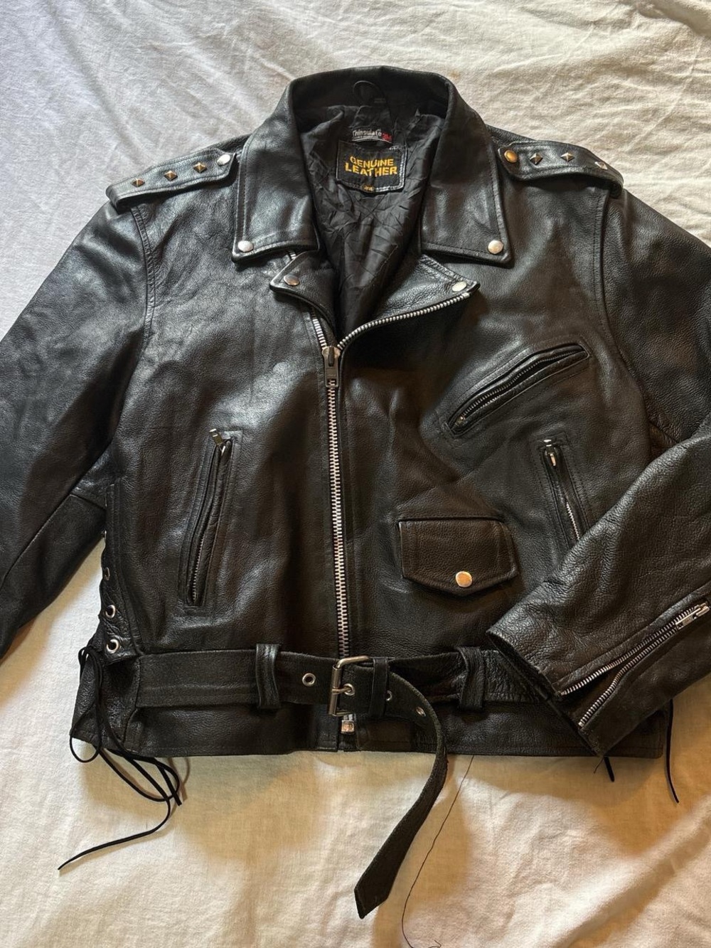 Vintage 3M Thinsulate Black Leather Biker Jacket with Belt
